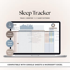Op de afbeelding: Een laptopscherm toont een digitale slaaptracker-spreadsheet. De woorden "Sleep Tracker" en "Track & Monitor Your Sleep Patterns!" staan bovenaan. De spreadsheet is compatibel met Google Sheets & Microsoft Excel. Er zijn knoppen met de tekst "1 Tab", "Instant Download", "Google Sheets" en "Microsoft Excel".