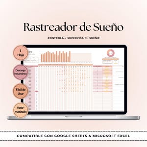 Op de afbeelding: Een laptop toont een slaaptracker-spreadsheet met roze en perzikkleurige tinten. De tekst "Rastreador de Sueño" staat bovenaan. Functies zijn "1 Hoja", "Descarga Instantánea", "Fácil de Usar" en "Automatizado". Compatibel met Google Sheets & Microsoft Excel.