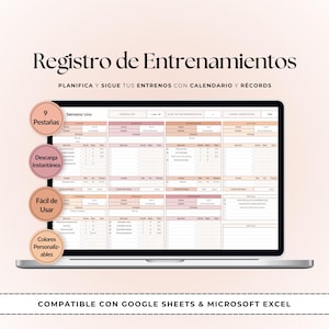 Könnte beinhalten: Ein Laptop-Bildschirm zeigt einen Trainingsplaner mit rosa und weißem Farbschema. Der Text "Registro de Entrenamientos" steht oben. Funktionen umfassen 9 Registerkarten, sofortiger Download, einfach zu bedienen und anpassbare Farben.