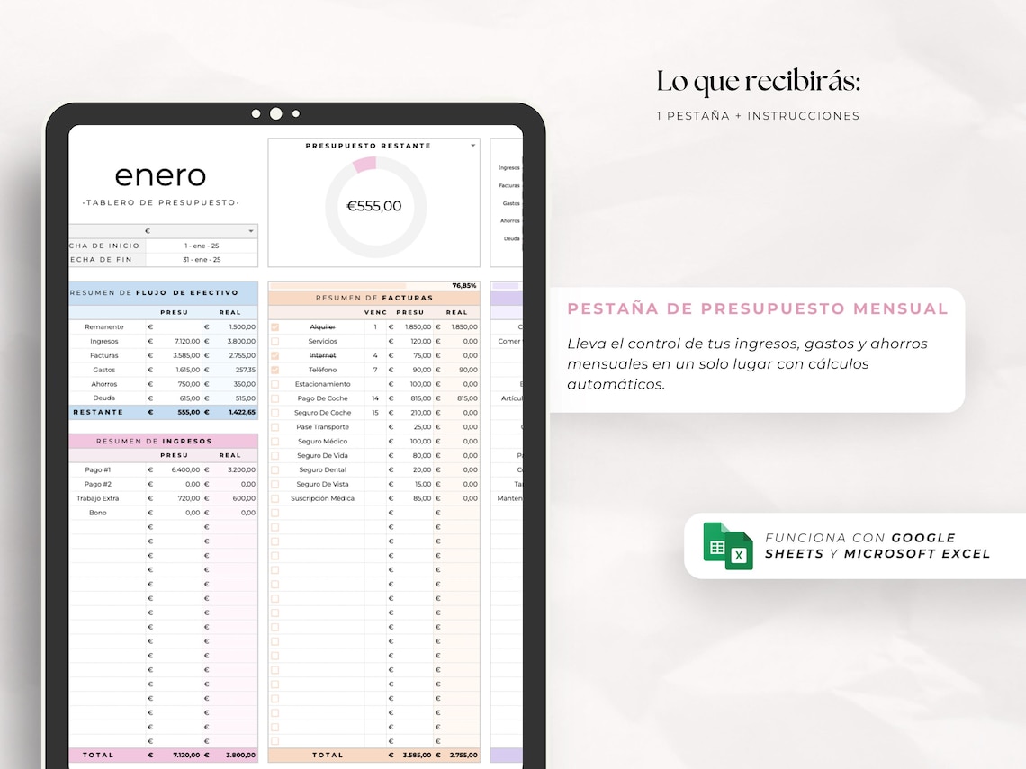 Presupuesto Mensual Fácil | Plantilla Google Sheets & Excel Finanzas - Etsy