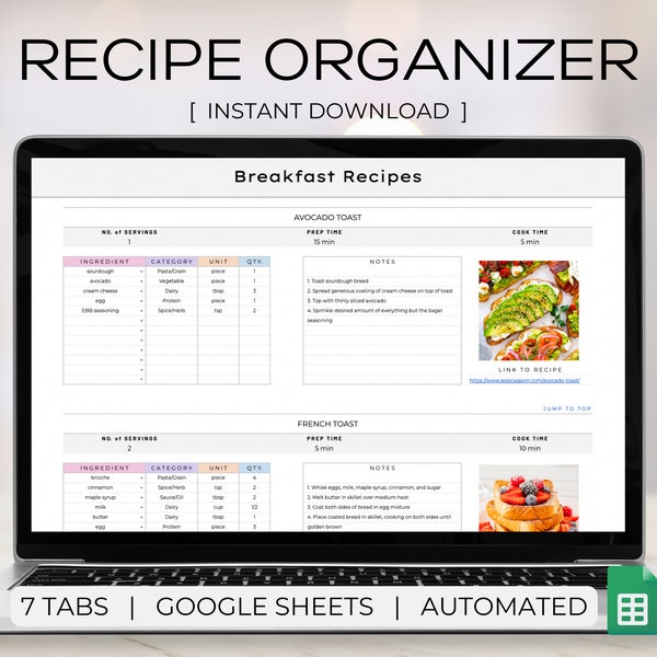 Recipe Organizer, Google Sheets, Recipe Log, Digital Recipe Book