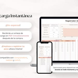 May include: A digital weight tracker displayed on a laptop, smartphone, and tablet. The screen shows a weight loss chart and data entry fields. Text in Spanish reads "Instant Download" and "Compatible with computer, tablet and mobile."