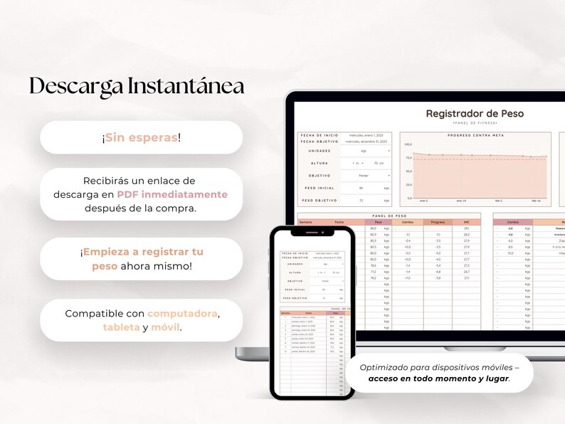 May include: A digital weight tracker displayed on a laptop, smartphone, and tablet. The screen shows a weight loss chart and data entry fields. Text in Spanish reads "Instant Download" and "Compatible with computer, tablet and mobile."