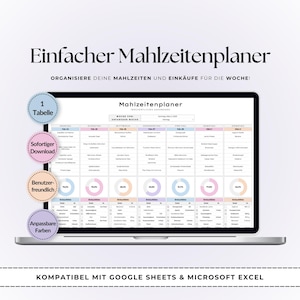 以下が含まれることがあります： 「Einfacher Mahlzeitenplaner」のテキストが表示された、食事プランナーのノートパソコン。画面には、食事と買い物のセクションがあるカラフルな週間スケジュールが表示されています。表、即時ダウンロード、ユーザーフレンドリーなデザイン、カスタマイズ可能な色などの機能があります。