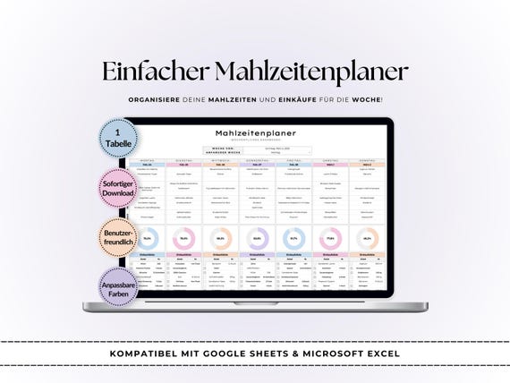 Mahlzeitenplaner Vorlage | Wöchentlicher Essensplan & Einkaufsliste | Google Sheets und Excel