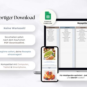 K&ouml;nnte beinhalten: Digitale Rezeptlisten-Vorlage, angezeigt auf einem Laptop, Smartphone und Tablet. Das Bild enth&auml;lt den Text "Sofortiger Download" und "Google Tabellen". Das Smartphone zeigt Bilder von Lebensmitteln. Die Vorlage ist kompatibel.