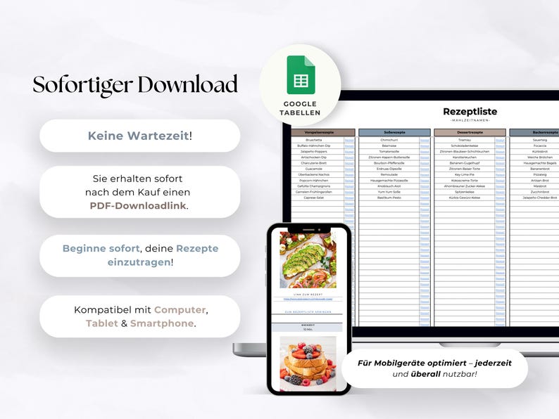 K&ouml;nnte beinhalten: Digitale Rezeptlisten-Vorlage, angezeigt auf einem Laptop, Smartphone und Tablet. Das Bild enth&auml;lt den Text "Sofortiger Download" und "Google Tabellen". Das Smartphone zeigt Bilder von Lebensmitteln. Die Vorlage ist kompatibel.
