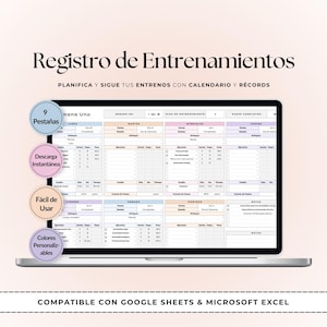 Puede incluir: Una pantalla de portátil que muestra un planificador de entrenamiento digital con un horario semanal. El texto "Registro de Entrenamientos" está en la parte superior. Incluye 9 pestañas, descarga instantánea, fácil de usar y colores personalizables.