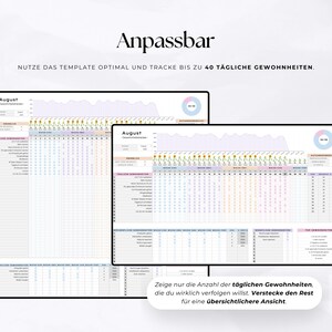 May include: Two digital habit tracker templates, one large and one smaller, displayed on a white background. The templates are for August and track up to 40 daily habits. Text in German reads "Anpassbar" and instructions.