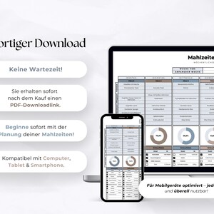 May include: A digital meal planner displayed on a laptop and smartphone. The screen shows a weekly dashboard with sections for each day and circular charts. Text includes "Instant Download" and "Compatible with Computer, Tablet & Smartphone."