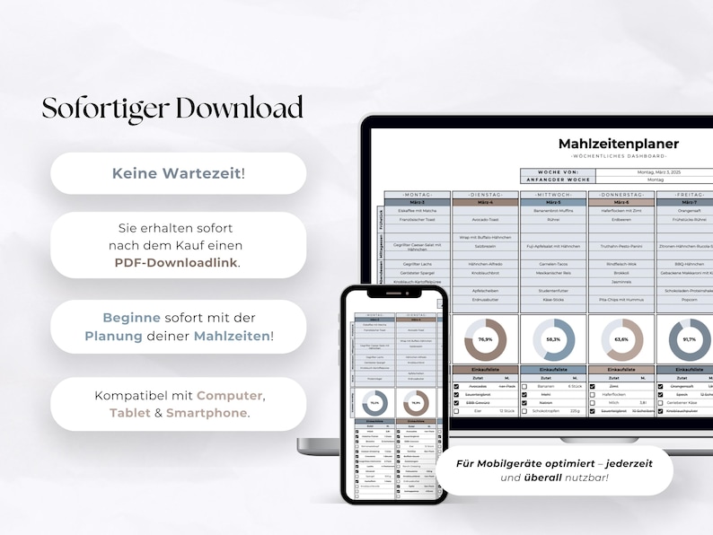 May include: A digital meal planner displayed on a laptop and smartphone. The screen shows a weekly dashboard with sections for each day and circular charts. Text includes "Instant Download" and "Compatible with Computer, Tablet & Smartphone."