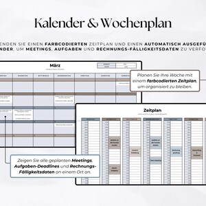 May include: A digital calendar and weekly planner template featuring a monthly view for March and a detailed hourly schedule. The layout includes color-coded sections for tracking meetings, tasks, and invoice due dates with German text labels.