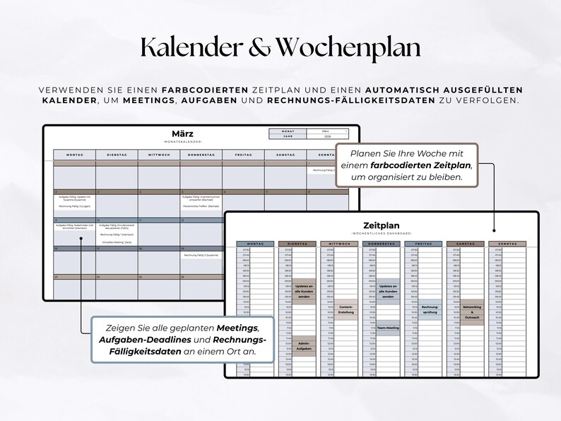 May include: A digital calendar and weekly planner template featuring a monthly view for March and a detailed hourly schedule. The layout includes color-coded sections for tracking meetings, tasks, and invoice due dates with German text labels.