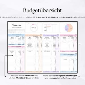 Puede incluir: Un panel de control de presupuesto digital con el t&iacute;tulo "Budget&uuml;bersicht" en negro. El panel de control est&aacute; dividido en secciones para ingresos, gastos y ahorros, con el mes de enero mostrado. El texto incluye "&iexcl;Planifica tu mes r&aacute;pidamente! Realiza un seguimiento autom&aacute;tico de ingresos, gastos y ahorros."