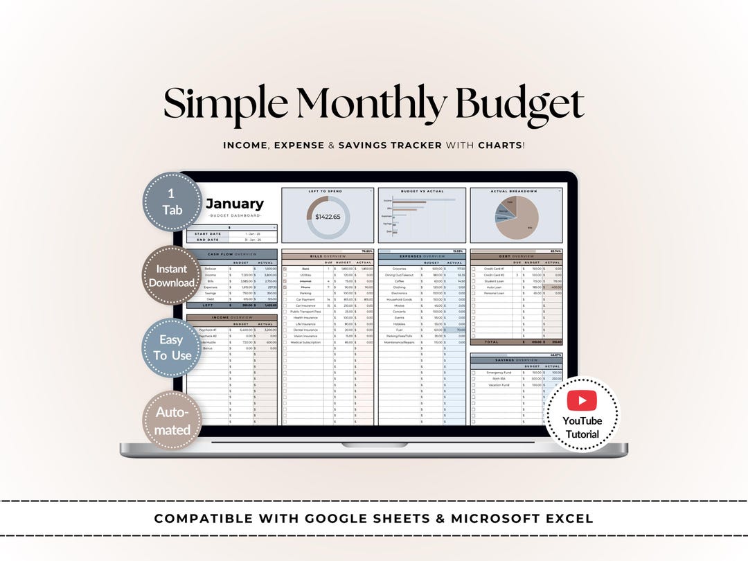 Budget Spreadsheet for Google Sheets & Excel | Simple Monthly Budget ...
