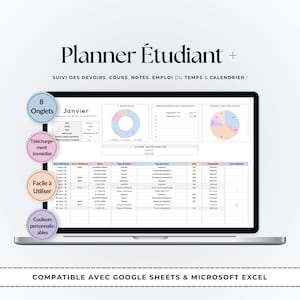 May include: A digital student planner displayed on a laptop screen. The planner includes sections for assignments, courses, notes, schedule, and calendar. The image also shows the text "8 Onglets", "Téléchargement Immédiat", "Facile à Utiliser", and "Couleurs personnalisables".