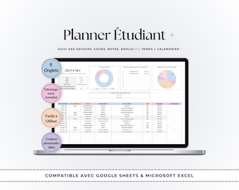 Agenda Etudiant Google Sheets och Excel | Planificateur Académique | Suivi des Tâches | Emploi du Temps | Calculateur de Moyenne