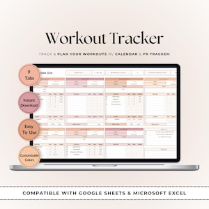 Könnte beinhalten: Ein Laptop-Bildschirm zeigt eine Trainings-Tracker-Vorlage in Rosa und Weiß. Der Text "Workout Tracker" steht oben, mit weiterem Text darunter. Zu den Funktionen gehören 9 Registerkarten, sofortiger Download, einfache Bedienung und anpassbare Farben.