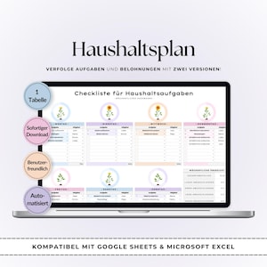 May include: A digital household chore planner displayed on a laptop screen, featuring a weekly checklist with seven columns for each day, floral icons, and a summary section. The interface includes text in German and is compatible with Google Sheets and Excel.