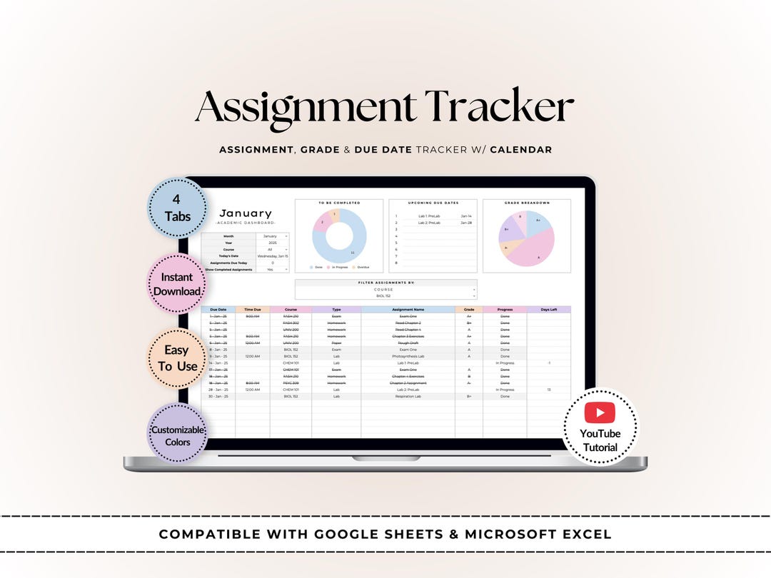Student Assignment Tracker: Google Sheets & Excel Planner (digital ...