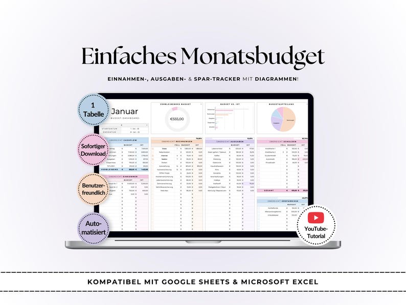 Monatsbudget Vorlage / Google Sheets y Excel / Einfache Haushaltsplanung imagen 1