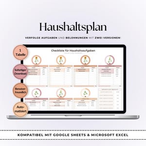 Könnte beinhalten: Ein Laptop-Bildschirm mit einer digitalen Haushalts-Checkliste mit dem Titel Haushaltsplan. Die Oberfläche zeigt tägliche Aufgabentabellen, Sonnenblumen-Symbole in kreisförmigen Rahmen und eine monatliche Übersicht. Vier runde Badges heben Funktionen hervor.
