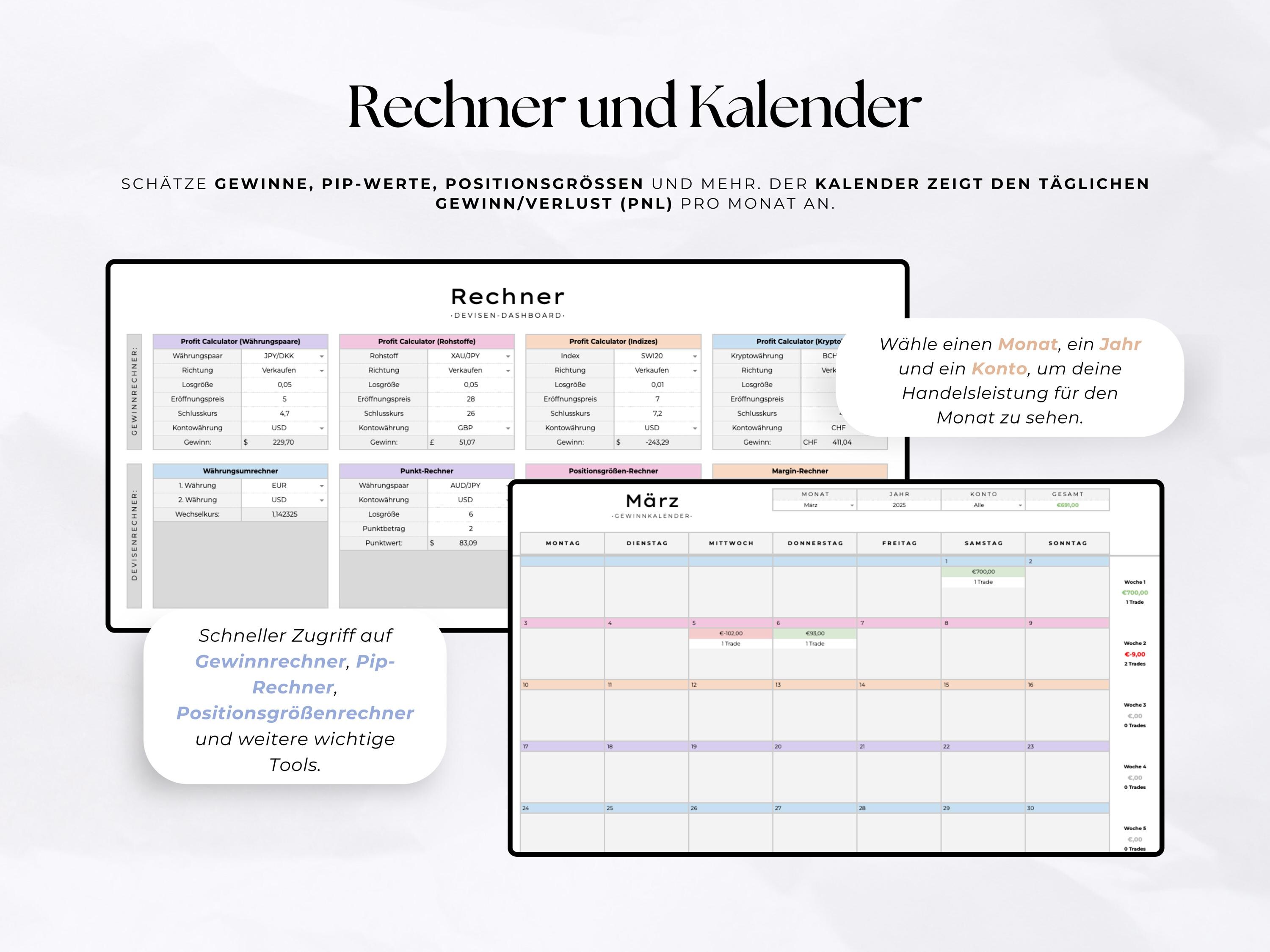 Forex‑Handelsjournal + Google Tabellen Vorlage – 15 Konten | Trade Log |  Kalender | Crypto, Indizes, Rohstoffe