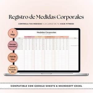 May include: A laptop screen displays a body measurements chart titled "Medidas Corporales." The chart is designed to track fitness progress. The image includes text in Spanish, highlighting features like instant download and customizable colors.