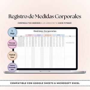 Op de afbeelding: Een laptop toont een spreadsheet voor het bijhouden van lichaamsmaten. De tekst bovenaan luidt "Registro de Medidas Corporales" en "CONTROLA TUS MEDIDAS A LO LARGO DE TU VIAJE FITNESS!". Functies zijn "1 Hoja", "Descarga Instantánea", "Fácil de Usar" en "Colores Personalizables".