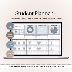 May include: A digital student planner displayed on a laptop screen. The planner includes sections for assignments, course tracking, GPA, calendar, and schedule. The design is clean with a light color scheme and the text "Student Planner +" is at the top.