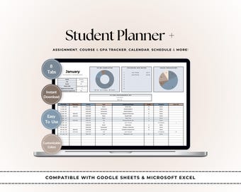 Op de afbeelding: Een digitale studentenplanner weergegeven op een laptopscherm. De planner bevat secties voor opdrachten, cursus tracking, GPA, kalender en schema. Het ontwerp is strak met een licht kleurenschema en de tekst "Student Planner +" staat bovenaan.