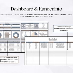May include: A digital dashboard and customer information spreadsheet template featuring charts, graphs, and data tables. The text includes 'Dashboard & Kundeninfo', 'Geben Sie wichtige Informationen f&uuml;r alle Ihre Kunden ein', and 'Sehen Sie automatisierte Diagramme und eine klare &Uuml;bersicht Ihrer Daten'.
