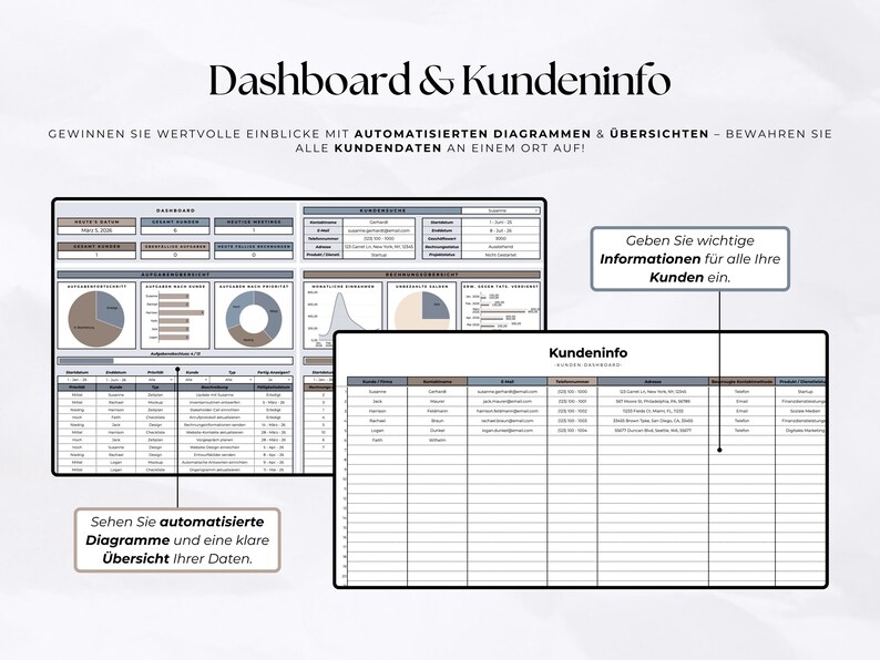 May include: A digital dashboard and customer information spreadsheet template featuring charts, graphs, and data tables. The text includes 'Dashboard & Kundeninfo', 'Geben Sie wichtige Informationen f&uuml;r alle Ihre Kunden ein', and 'Sehen Sie automatisierte Diagramme und eine klare &Uuml;bersicht Ihrer Daten'.