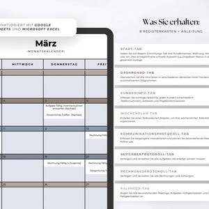 May include: A digital monthly calendar template for Google Sheets and Microsoft Excel titled M&auml;rz. The layout features a grid with days of the week, including columns for Wednesday and Thursday. A list on the right details eight tabs including Start, Dashboard, Customer Info, Weekly Plan, Communication Log, Task Log, Invoice Log, and Calendar.