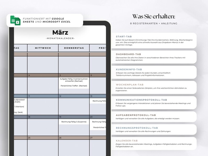 May include: A digital monthly calendar template for Google Sheets and Microsoft Excel titled M&auml;rz. The layout features a grid with days of the week, including columns for Wednesday and Thursday. A list on the right details eight tabs including Start, Dashboard, Customer Info, Weekly Plan, Communication Log, Task Log, Invoice Log, and Calendar.