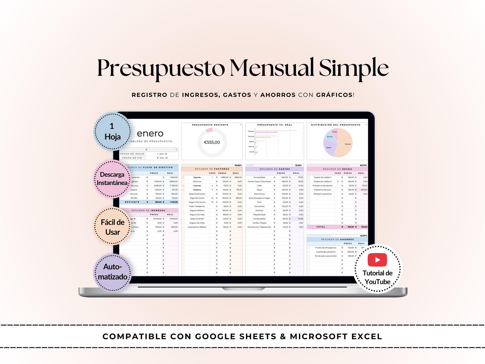 Presupuesto Mensual Fácil | Plantilla Google Sheets & Excel Finanzas - Etsy