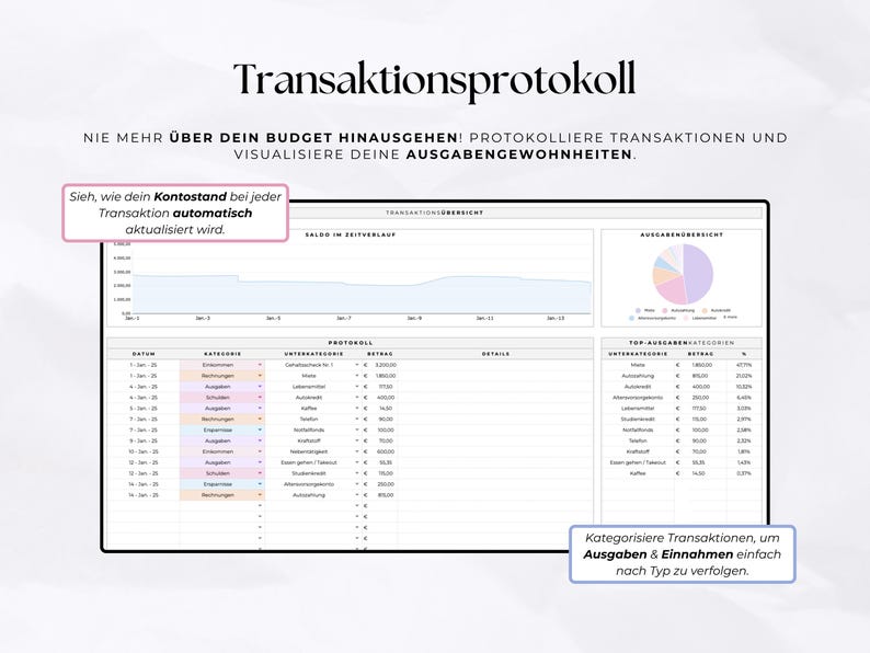 Puede incluir: Panel de control financiero digital con el t&iacute;tulo "Transaktionsprotokoll" y el texto "&iexcl;Nunca exceda su presupuesto! Registre las transacciones y visualice sus h&aacute;bitos de gasto." El panel muestra un gr&aacute;fico, un gr&aacute;fico circular y detalles de transacciones.
