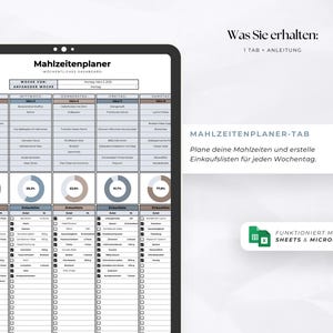 May include: A digital meal planner displayed on a tablet. The planner is in German and includes sections for each day of the week, with space for meal planning and shopping lists. The image also includes text in German.