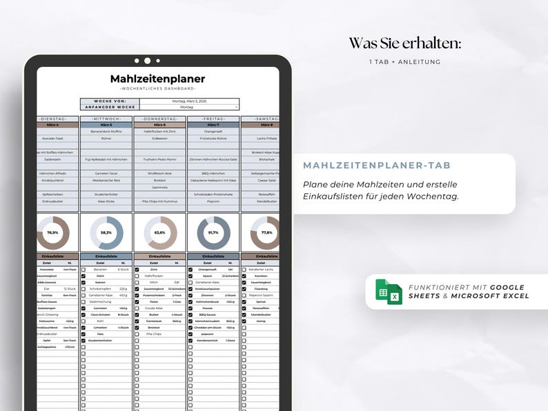 May include: A digital meal planner displayed on a tablet. The planner is in German and includes sections for each day of the week, with space for meal planning and shopping lists. The image also includes text in German.