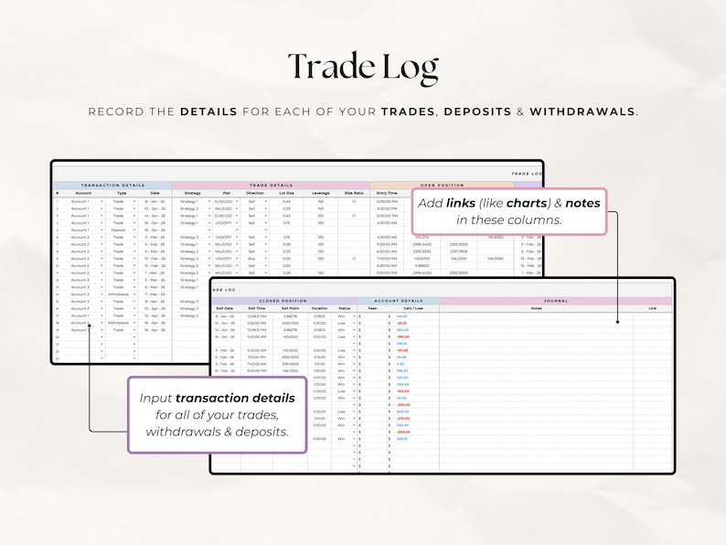 Forex Trading Journal Google Sheets | Trade Tracker & Dashboard | Crypto Indices Forex Log | Digital Download image 3
