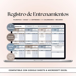 Puede incluir: Una pantalla de portátil que muestra una plantilla de registro de entrenamiento. La plantilla está en formato de hoja de cálculo con secciones para el seguimiento de ejercicios, series y notas. El texto "Registro de Entrenamientos" está en la parte superior.