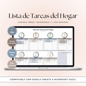 Könnte beinhalten: Eine digitale Haushaltsaufgabenliste auf einem Laptop-Bildschirm, mit einem Wochenplaner mit sieben Spalten, kreisförmigen Pflanzensymbolen und einem Zusammenfassungsbereich. Der Text enthält 'Lista de Tareas del Hogar' und 'COMPATIBLE CON GOOGLE SHEETS & MICROSOFT EXCEL'.