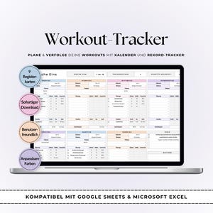 Peut inclure: Un ordinateur portable affiche un modèle de suivi d'entraînement avec une mise en page de calendrier. L'écran montre un emploi du temps détaillé avec des sections pour chaque jour de la semaine. Le texte comprend "Workout-Tracker".