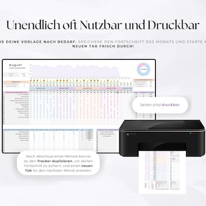 May include: A digital tracker displayed on a computer screen, with a printer next to it. The tracker shows a calendar layout with colorful rows and columns. The text says "Infinitely Usable and Printable."