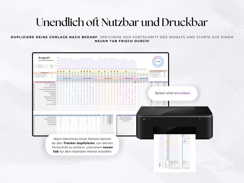 May include: A digital tracker displayed on a computer screen, with a printer next to it. The tracker shows a calendar layout with colorful rows and columns. The text says "Infinitely Usable and Printable."