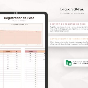 May include: A digital weight tracker displayed on a tablet. The screen shows a weight loss progress chart, a weight log table, and text in Spanish. The tracker is compatible with Google Sheets and Microsoft Excel.