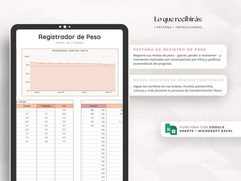 May include: A digital weight tracker displayed on a tablet. The screen shows a weight loss progress chart, a weight log table, and text in Spanish. The tracker is compatible with Google Sheets and Microsoft Excel.