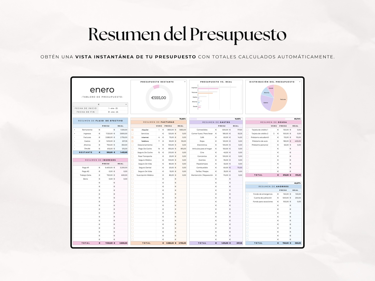 Presupuesto Mensual Fácil | Plantilla Google Sheets & Excel Finanzas - Etsy