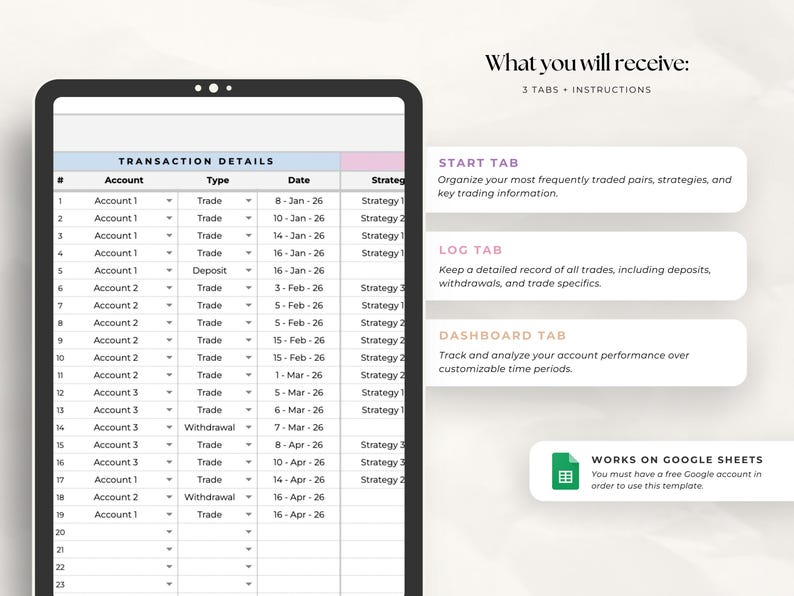 Simple Forex Trading Journal Google Sheets | Beginner Trade Tracker & Dashboard | Crypto Indices Forex Log | Digital Download image 2