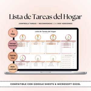 Könnte beinhalten: Eine digitale Haushaltsaufgabenliste auf einem Laptop-Bildschirm, die einen Wochenplaner mit Sonnenblumen-Symbolen, Aufgaben-Spalten und einen Zusammenfassungsbereich zeigt. Die Benutzeroberfläche enthält Text auf Spanisch, der in tägliche Raster unterteilt ist.